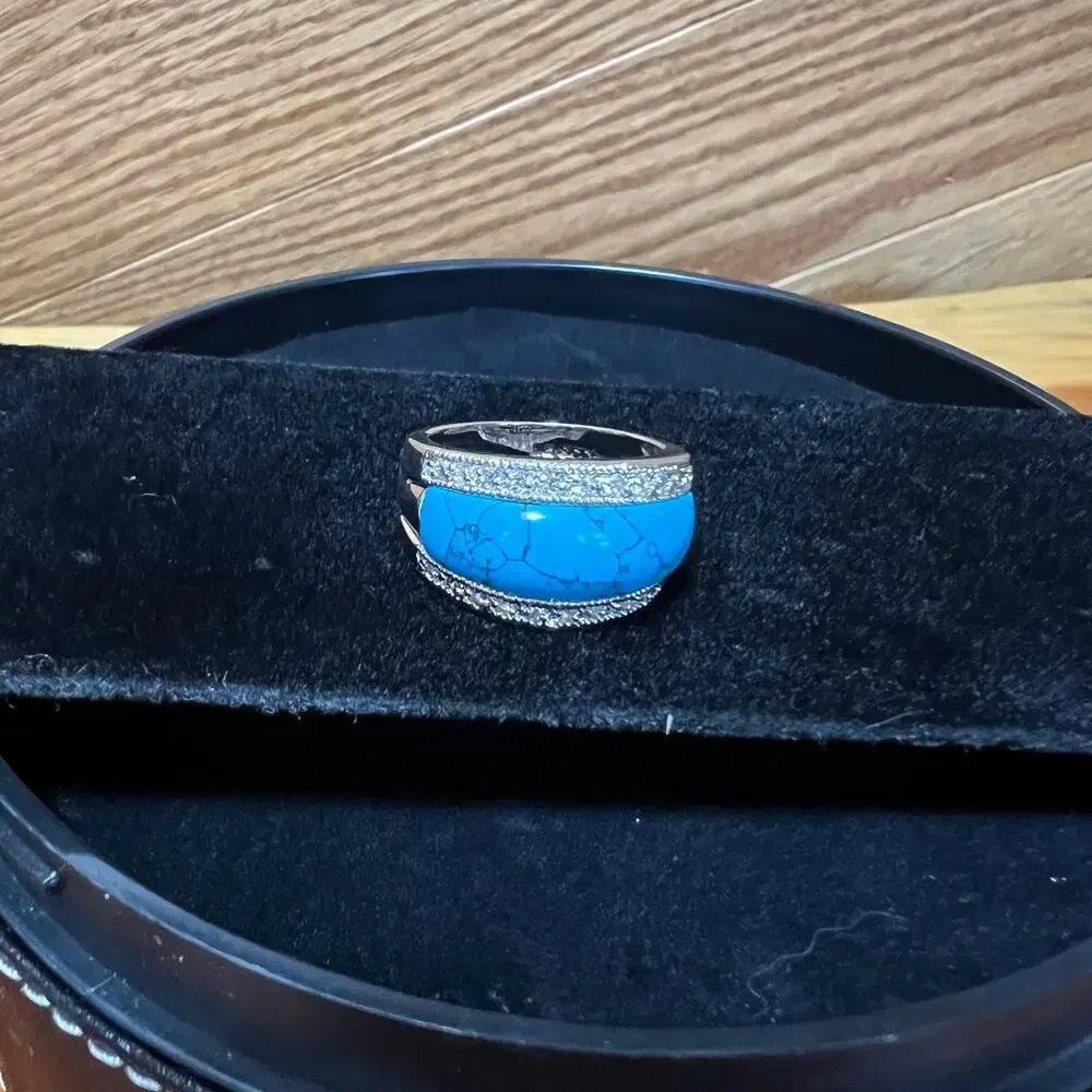 Lia Sophia Mesa/Premise Rhinestone Faux Turquoise Silver‎ Tone Dome Ring Sz 9